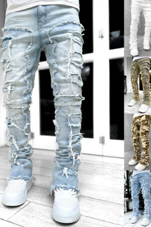 Ins Fringes Ripped Trousers Individual Patched Pants Long Tight Fit Stacked Jeans For Mens Clothing