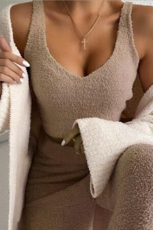 3pcs Womens Clothing Long Sleeve Crop Tank Top And Drawstring Shorts Pajama Set