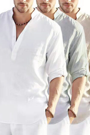 Men's Casual Cotton Linen Solid Color Long Sleeve Shirt Loose Stand Collar