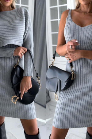 2pcs Suit Women's Solid Stripe Long-sleeved Top And Tight Suspender Skirt Fashion Autumn Winter Slim Clothing