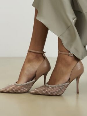 Beige Embellished Mesh Court Heels