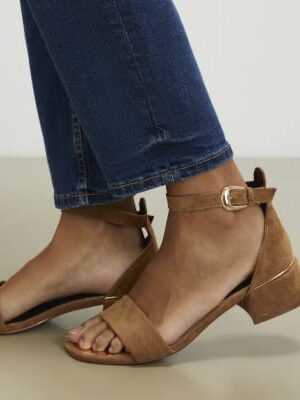 Beige Faux Suede Low Block Heel Sandals