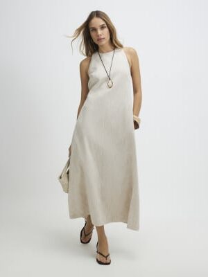 Beige Linen Look Midi Dress