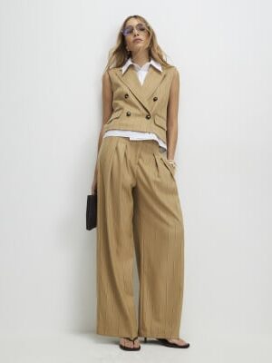 Beige Pinstripe Wide Leg Trousers