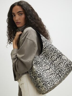 Beige Snake Pony Hair Leather Shoulder Bag