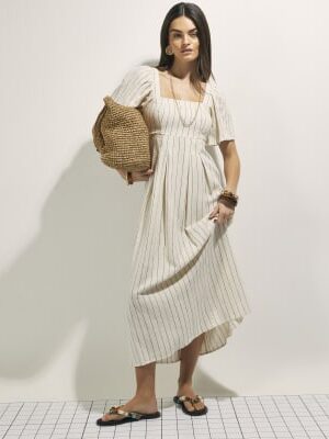 Beige Stripe Linen Blend Shirred Midi Dress