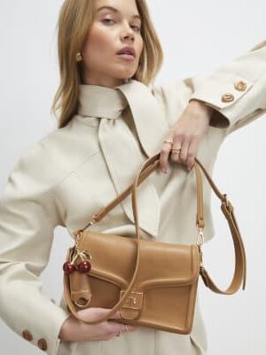 Beige Tab Front Cherry Charm Shoulder Bag