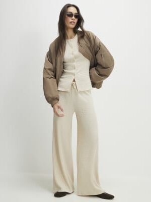 Beige Texture Drawstring Wide Leg Trousers