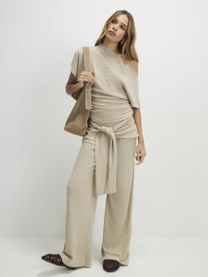 Beige Tie Waist Trousers
