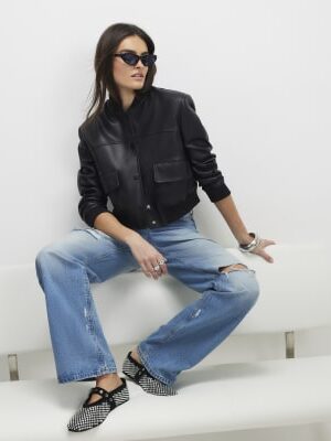 Black Faux Leather Cropped Bomber Jacket