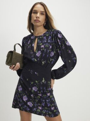 Black Floral Shaped Waist Mini Dress