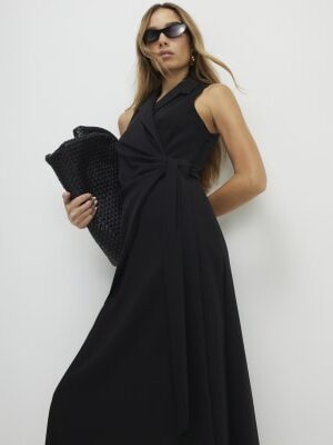 Black Knot Front Wrap Midi Dress