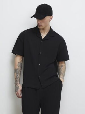 Black Oversized Fit Waffle Textured Shirt
