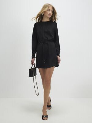 Black Pleated Neck Mini Shift Dress