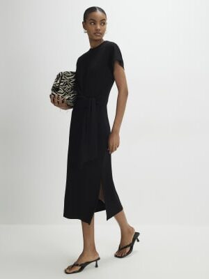 Black Premium Short Sleeve Knot Midi Dress
