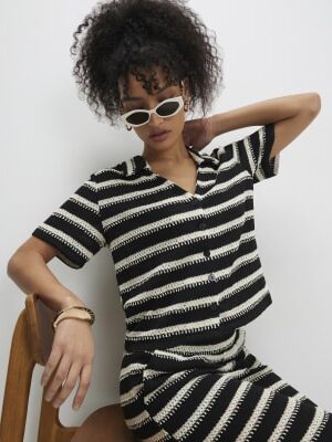 Black Short Sleeve Striped Crochet Shirt