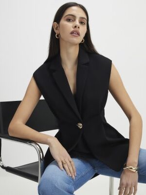 Black Sleeveless Cinched Waist Blazer