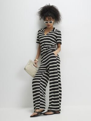 Black Striped Crochet Wide Leg Trousers