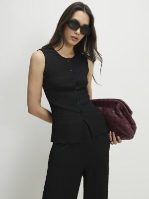 Black Textured Button Through Sleeveless Top