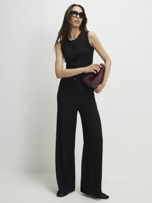 Black Textured Wide Leg Trousers