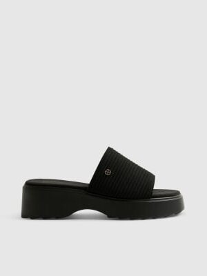 Black Wide Fit Knitted Mule Flatform Sandals