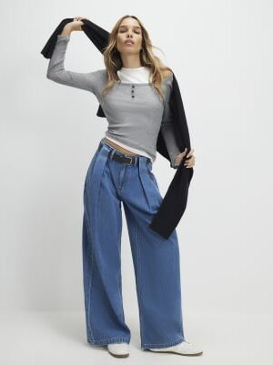 Blue Belted Pleated Wide Leg Jeans