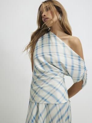 Blue Check Off The Shoulder Top