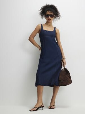 Blue Denim Bubble Hem Midi Dress