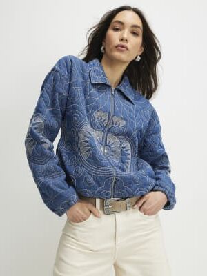 Blue Denim Embroidered Quilted Bomber Jacket
