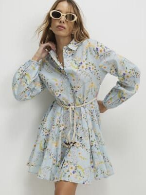 Blue Floral Belted Shirt Dress