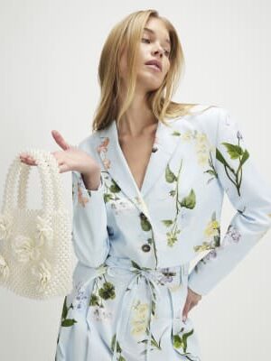 Blue Linen Blend Floral Cropped Blazer
