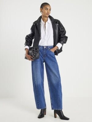 Blue Mid Rise Seamed Barrel Leg Jeans