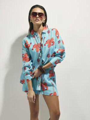 Blue Palm Print Beach Shirt