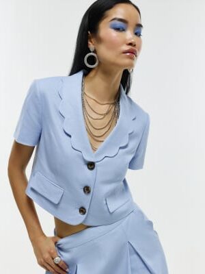 Blue Scallop Trim Linen Blend Cropped Jacket
