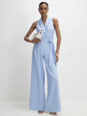 Blue Scallop Trim Linen Blend Jumpsuit