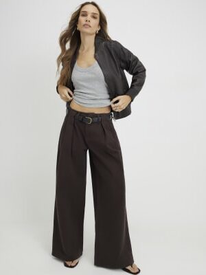 Brown Belted Pleated Wide Leg Jeans