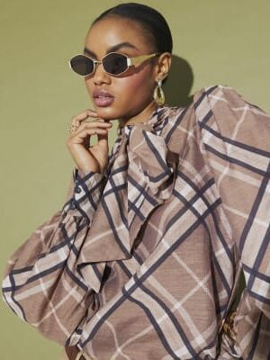 Brown Check Print Pussybow Blouse