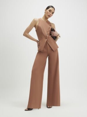Brown Collarless Asymmetric Jumpsuit