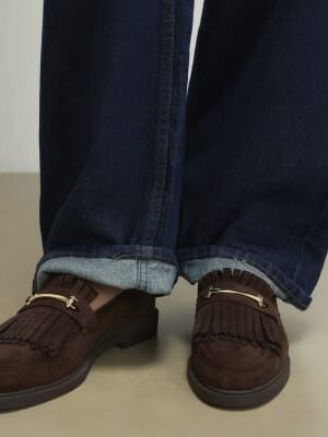 Brown Faux Suede Fringed Loafers