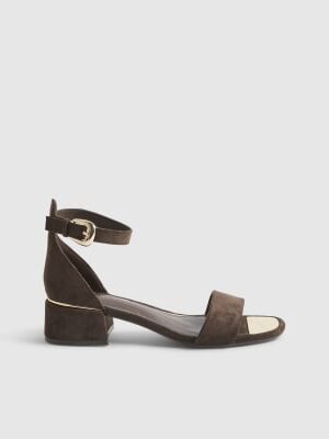 Brown Faux Suede Low Block Heel Sandals