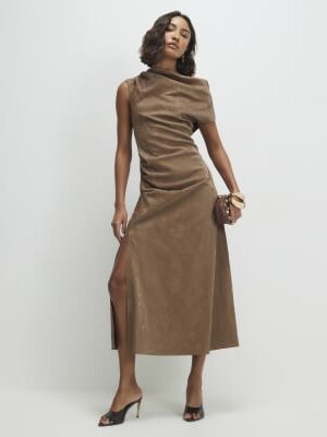 Brown Hammered Faux Leather Cowl Neck Dress
