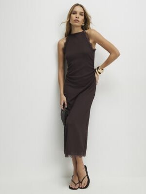Brown Lace Trim Textured Maxi Dress