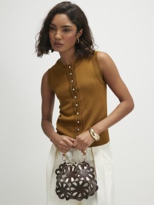 Brown Linen Blend Double Layer Knitted Vest