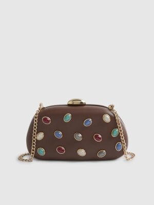 Brown Mixed Gem Hard Shell Clutch Bag