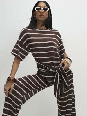 Brown Striped Textured Knot Front Top