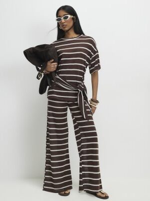 Brown Striped Textured Wide Leg Trousers
