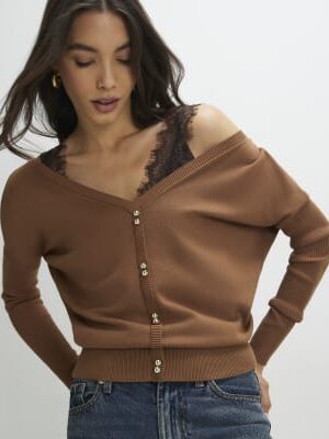 Brown V Neck Button Jumper