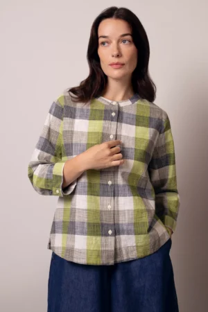 Celtic & Co. Check Collarless Swing Pure Linen Shirt, Slate/Green/White