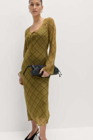 Checked Scoop Neck Long Sleeve Midaxi Column Dress