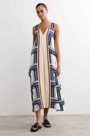 Checked V-Neck Midi Column Dress